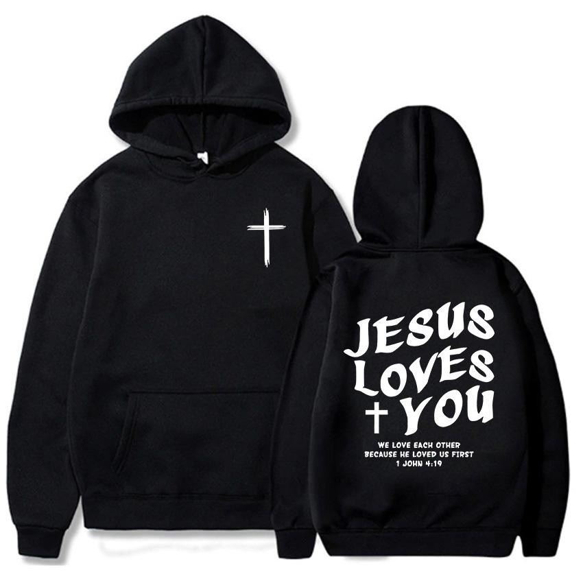Jesus elsker deg Kristne bibelvers hettegensere Bokstavgrafikk trykk Sweatshirts Menn Kvinner Hettegensere Unisex topper