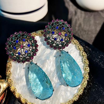 S925 Silver Vintage Black Gold Color Hollow Design Big Water Drop Zircon Earrings Dangler Women Wedding Bridal Ear Jewelry Gift