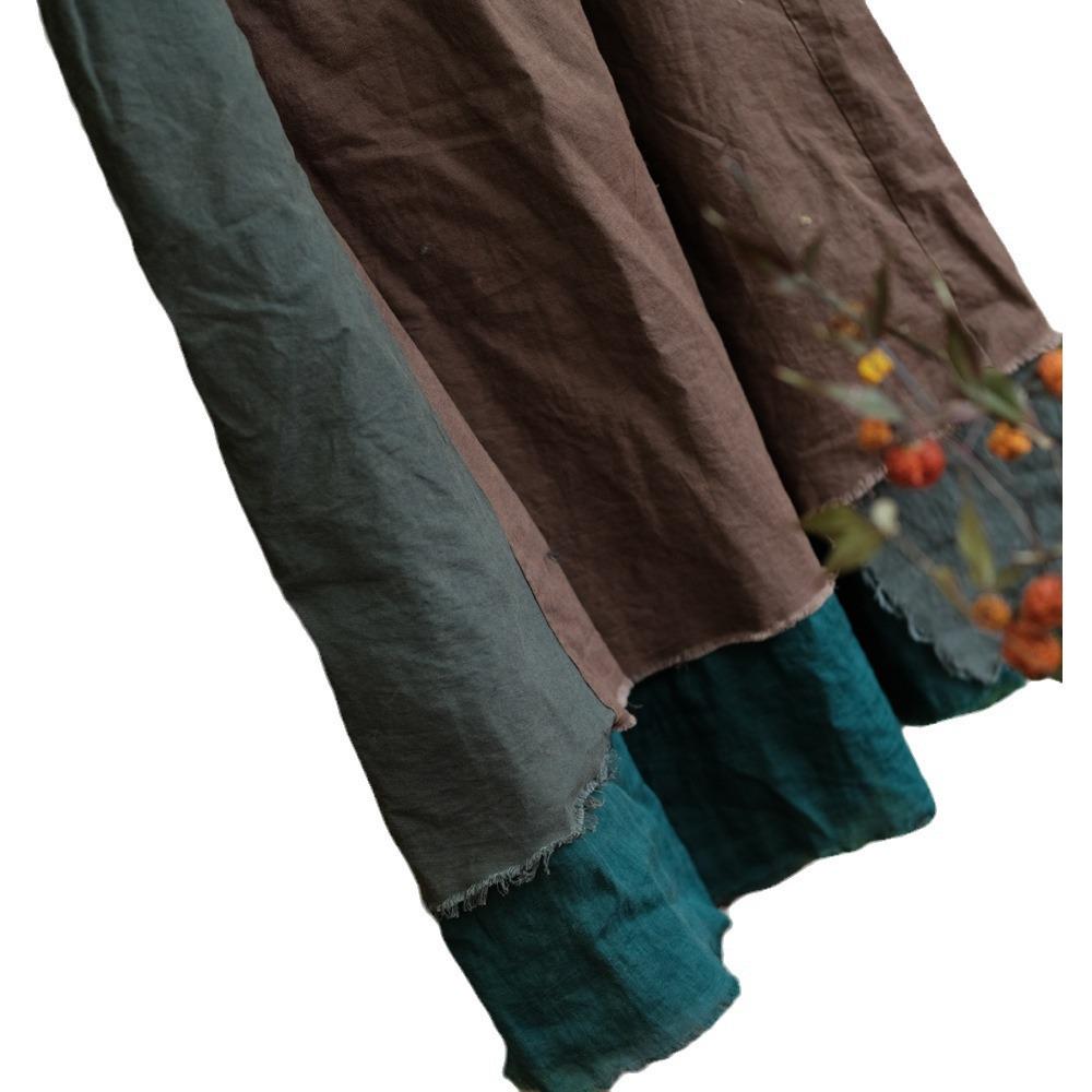 Vintage Patchwork Coffee Green Cotton Linen Skirt with Raw Edge and Large Hem