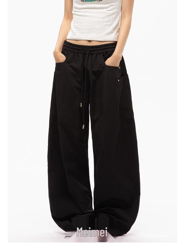Men's Wide-Leg Multi-Pocket Contrast Stitching Floor-Length Casual Pants