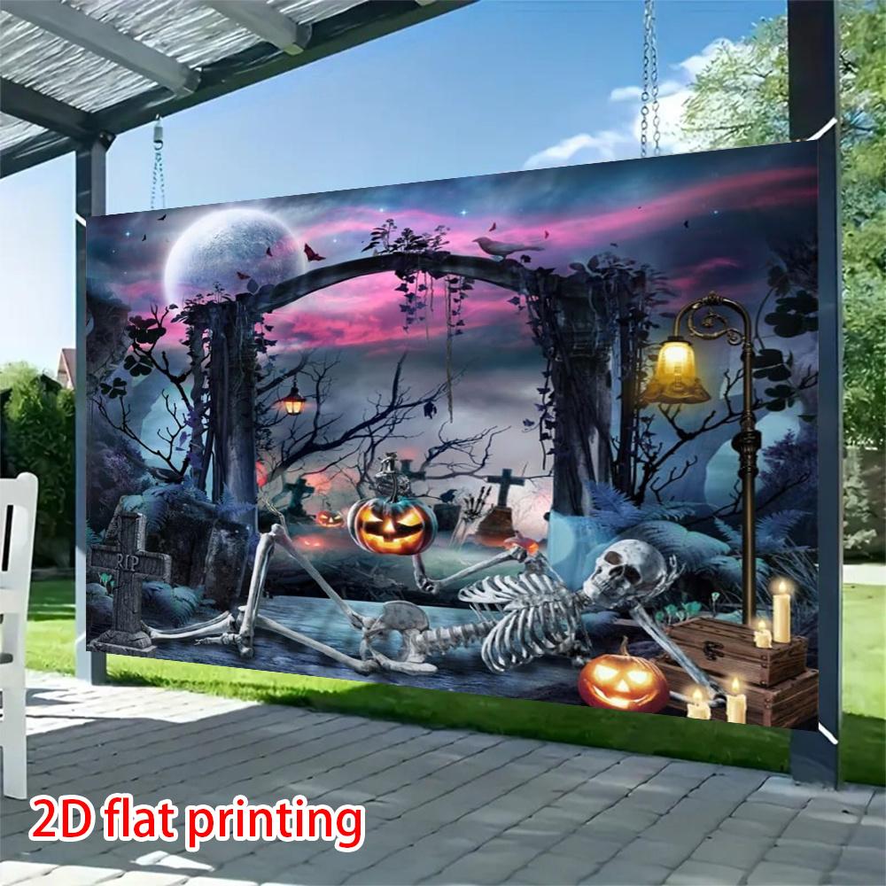 2D flaches Banner, 1 Halloween-Party-Hintergrundbanner, mit böser Totenkopffigur und bösem Kürbis-Muster-Hintergrunddesign