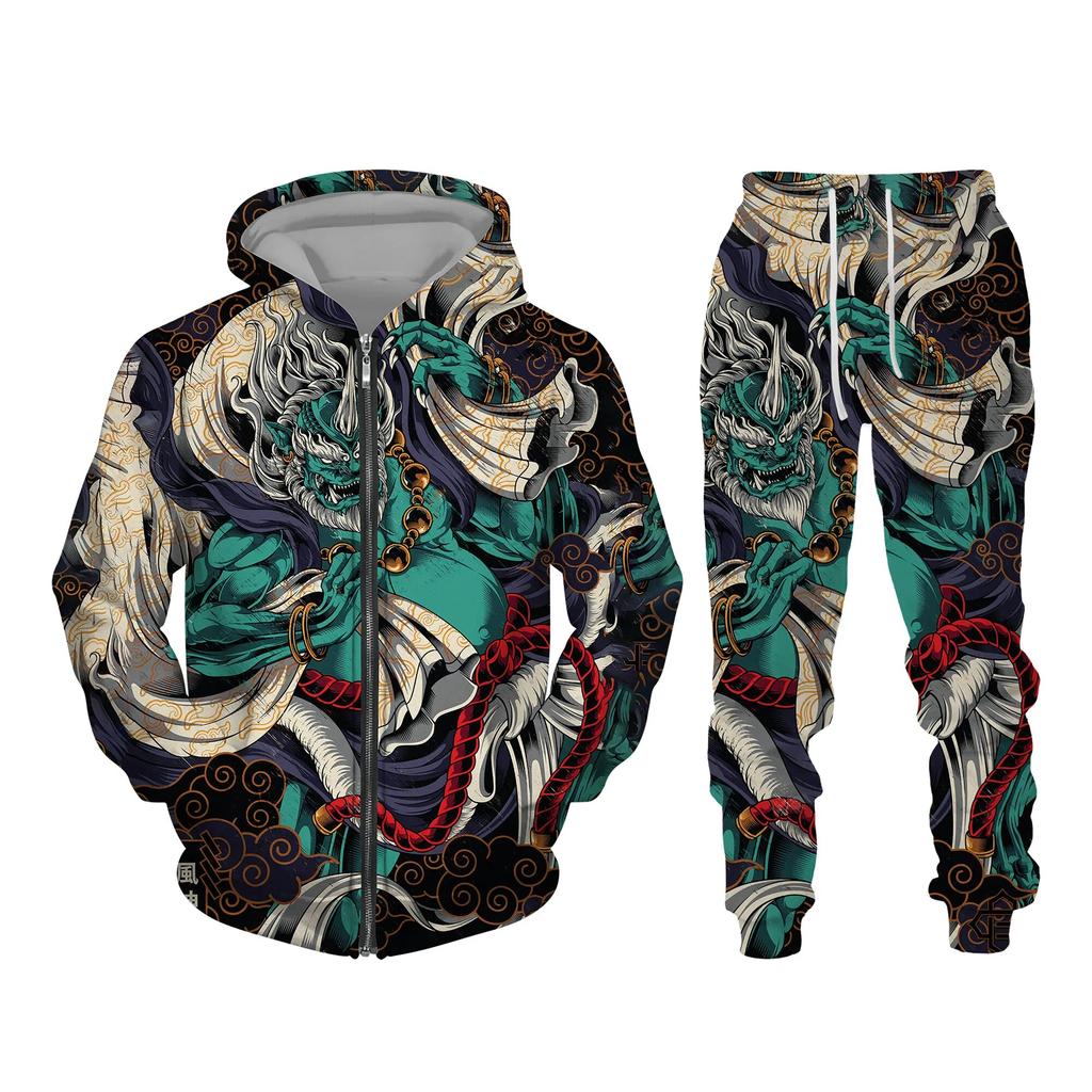 Autumn 3D Oriental Dragon God Printed Herre Hette Genser Set Mannlig Japansk Samurai Tatovering Glidelås 3d Treningsdress Herreklær Dress