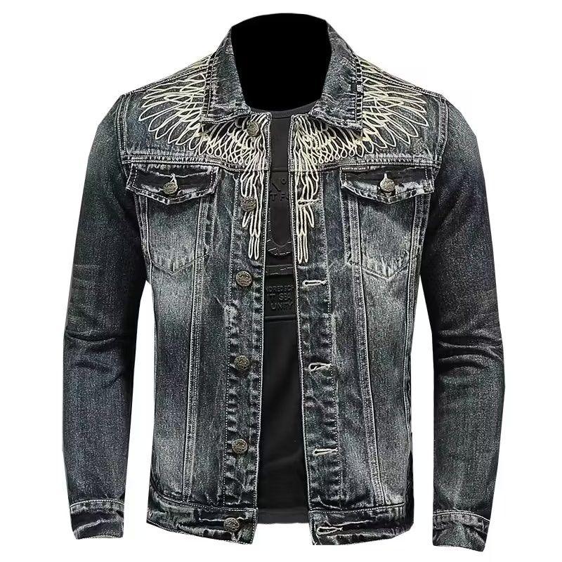 Herren Retro Jeansjacke High Street Trendy Bestickte Revers Motorradjacke Lockere Freizeitmode Vielseitige Herrenbekleidung
