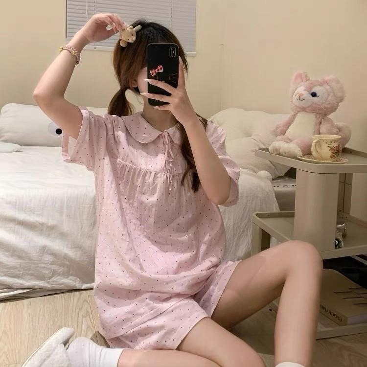 Japanese doll collar polka dot pink girl pajamas summer short-sleeved shorts set can be worn outside loungewear two-piece set