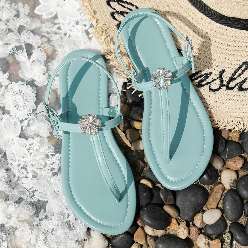 Fashion 2024 Summer New Fairy Style Flat Sandals Women's Flat Sandals Temperament Flip-Toe Flower Crystal Decorated Sandals Large Size