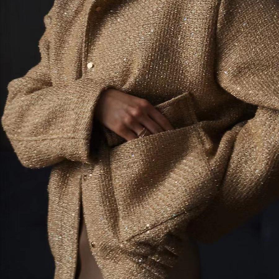 Europäische Goldfaden Pailletten Stehkragen Locker Jacke
