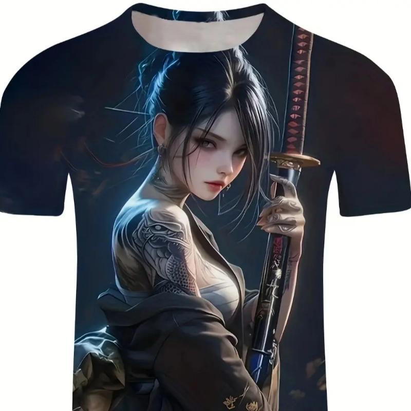 Men's 3D Printed T-shirt Japanese Folk Beautiful Women Hip-hop Style Breathable Light Crew Neck Top Unisex Casual Summer Style