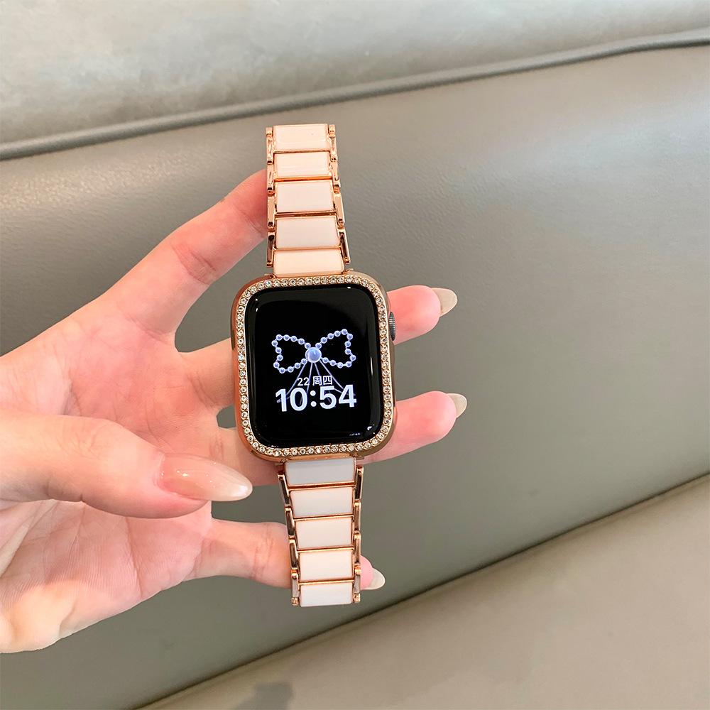 For Apple Applewatch10 Watch iwatch9876SE imitation ceramic white metal butterfly buckle strap