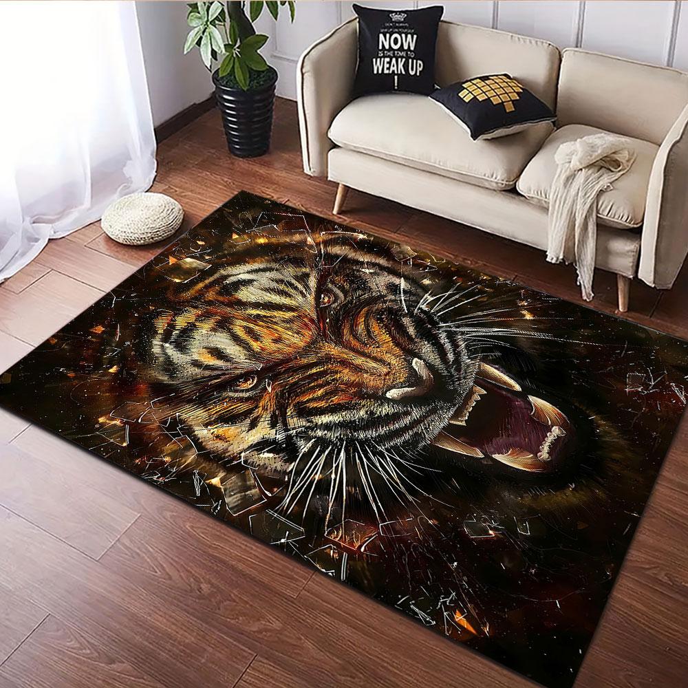 "Ferocious Tiger with Fiery Background" Patterned carpet, suitable as a non slip play mat for the living room and bedroom sofa