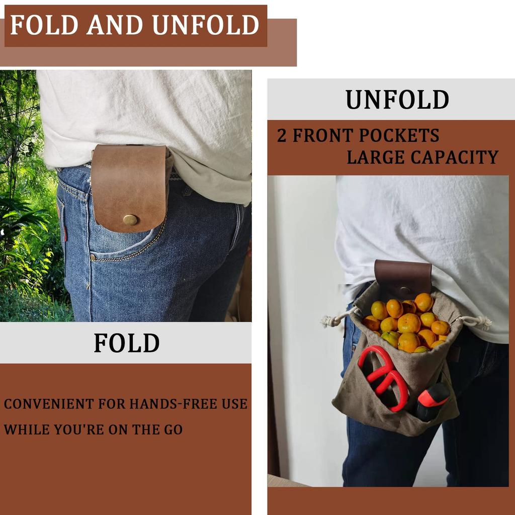 Foldable Canvas Foraging Waist Bag Drawstring Fruit Berry Harvest Pouch