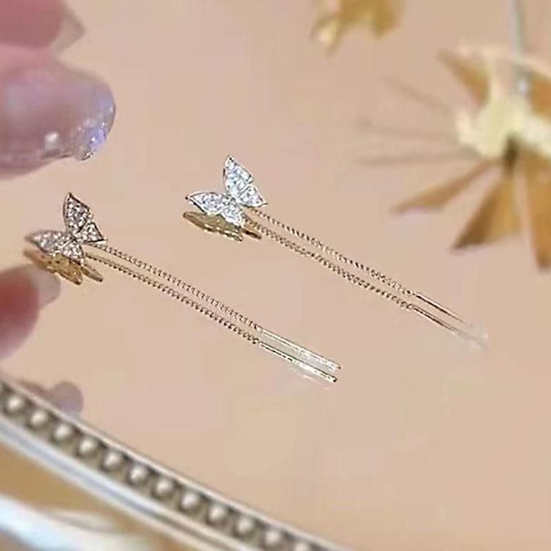 Douyin live Internet celebrity butterfly tassel ear line femininity long tassel face thin earrings earrings