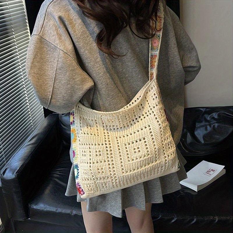 Duża Torba Tote w Stylu Boho Modna Szydełkowa Torebka z Kwiatowym Wzorem Vintage Wielokolorowa Wycinana Dzianinowa Torebka Modna Otwarta