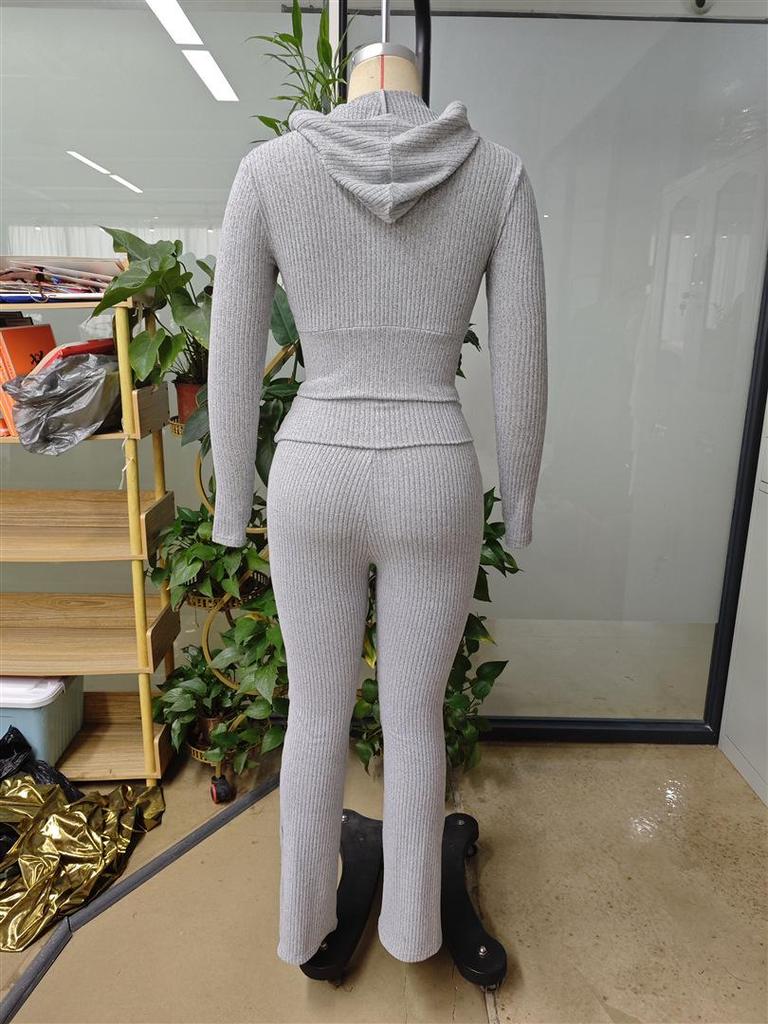 Modisches 2025 Geripptes Strick-Slim-Fit Zweiteiler-Set mit Langarm-Hoodie
