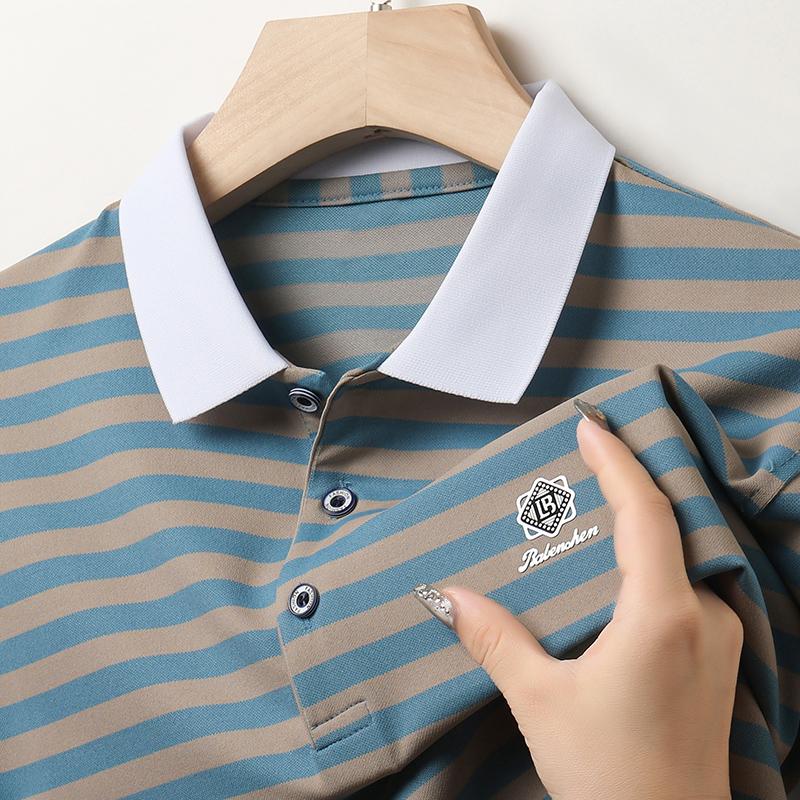 Wovey Zomer Heren Poloshirt Kraag T-shirt High-End Luxe Gestreept Print Korte Mouw Zakelijke Gentleman Trend Herenkleding XXXL blauw