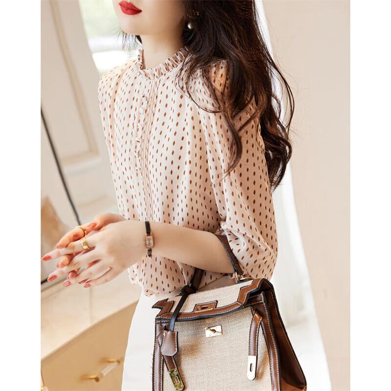 Dme [Polka Dot Puff Sleeve Blouse], Spring And Autumn Stand-Collar Fitted Long-Sleeve Commuter Shirt, Women's Top
