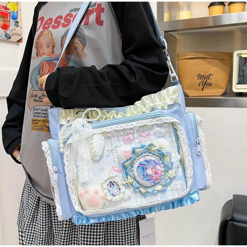 Y2k Itabag Lolita Girl Transparent Pocket Display Handbag Japanese Tote Bag Preppy Style Commuter ShoulderBag Lace Crossbody Bag