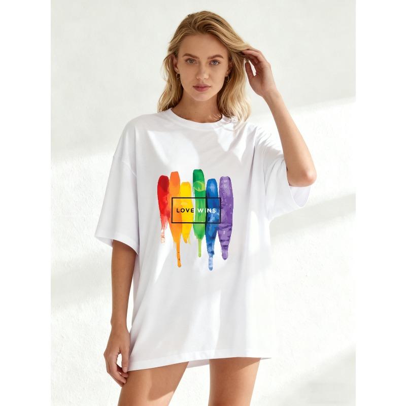 Oversized T Shirt Black Rainbow Paint Drip Love Wins Print Casual Wear For Women Summer Streetwear Fashion Statement Top