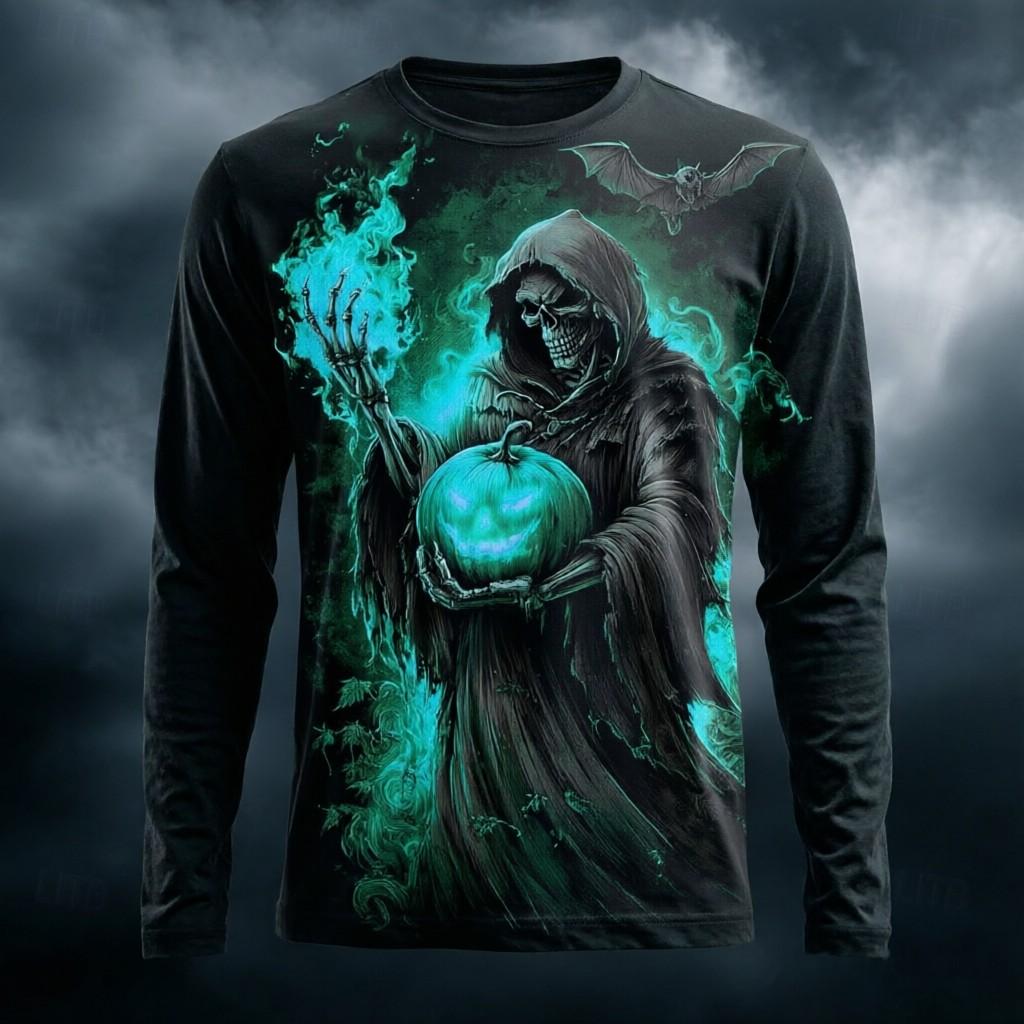 Men's Long Sleeve T-Shirt 3D Print Grim Reaper Pumpkin Bat Flame Halloween Gothic Crew Neck Casual Tops
