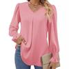 Women Casual Solid Color V Neck Pullover Flare Long Sleeve Chiffon Blouse