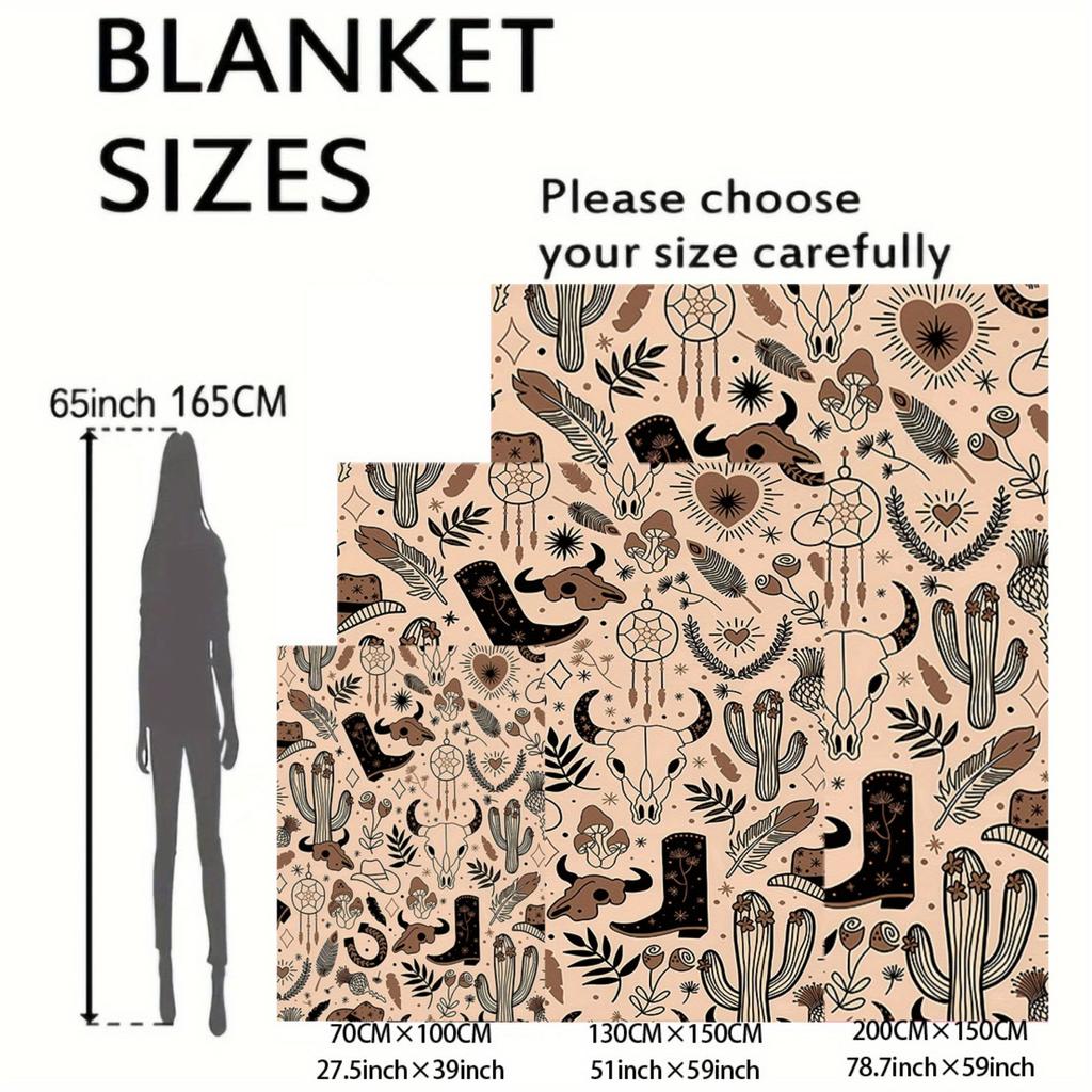 Western Elements Flannel Throw Blanket - Mid-Century Cowboy & Bull Skull Design with Cacti, Soft Polyester, All-Season Comfort