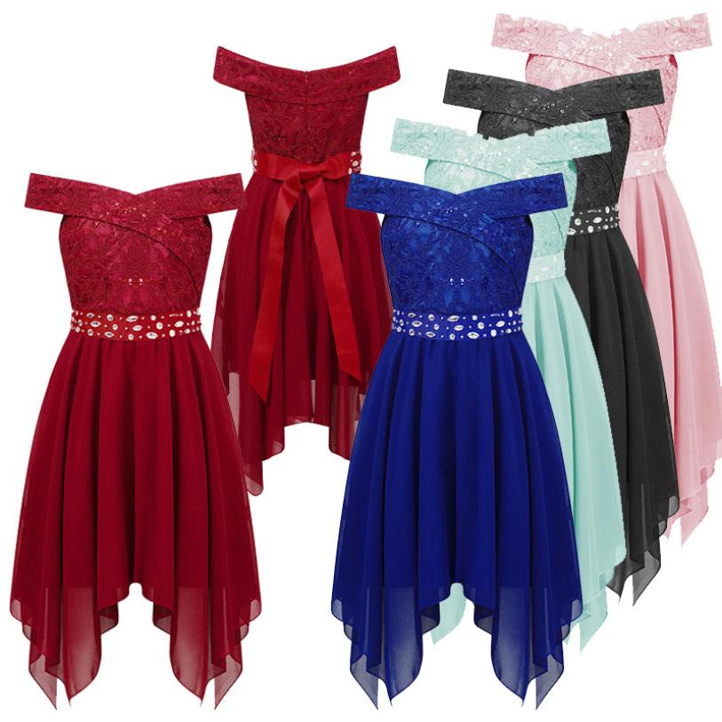 

Елегантна шифонова літня сукня принцеси для дівчаток з відкритими плечима, вечірня сукня з високим низьким подолом 5-6 Years рожевий