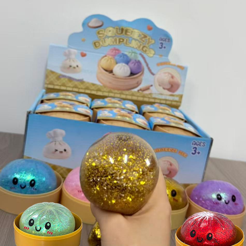 Glitter Dumpling Fidget Toy Squishy Stress Relief Balls with Steamer Reusable Rebound Squeeze Reliever Toys Dough Ball Gifts