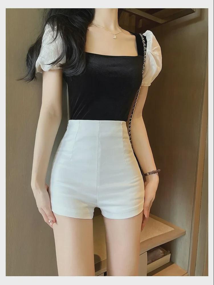 Pantaloni scurți elastici negri pentru femei, cu talie înaltă - Tendință de toamnă 2023, pantaloni sexy casual de culoare uni, cu șold