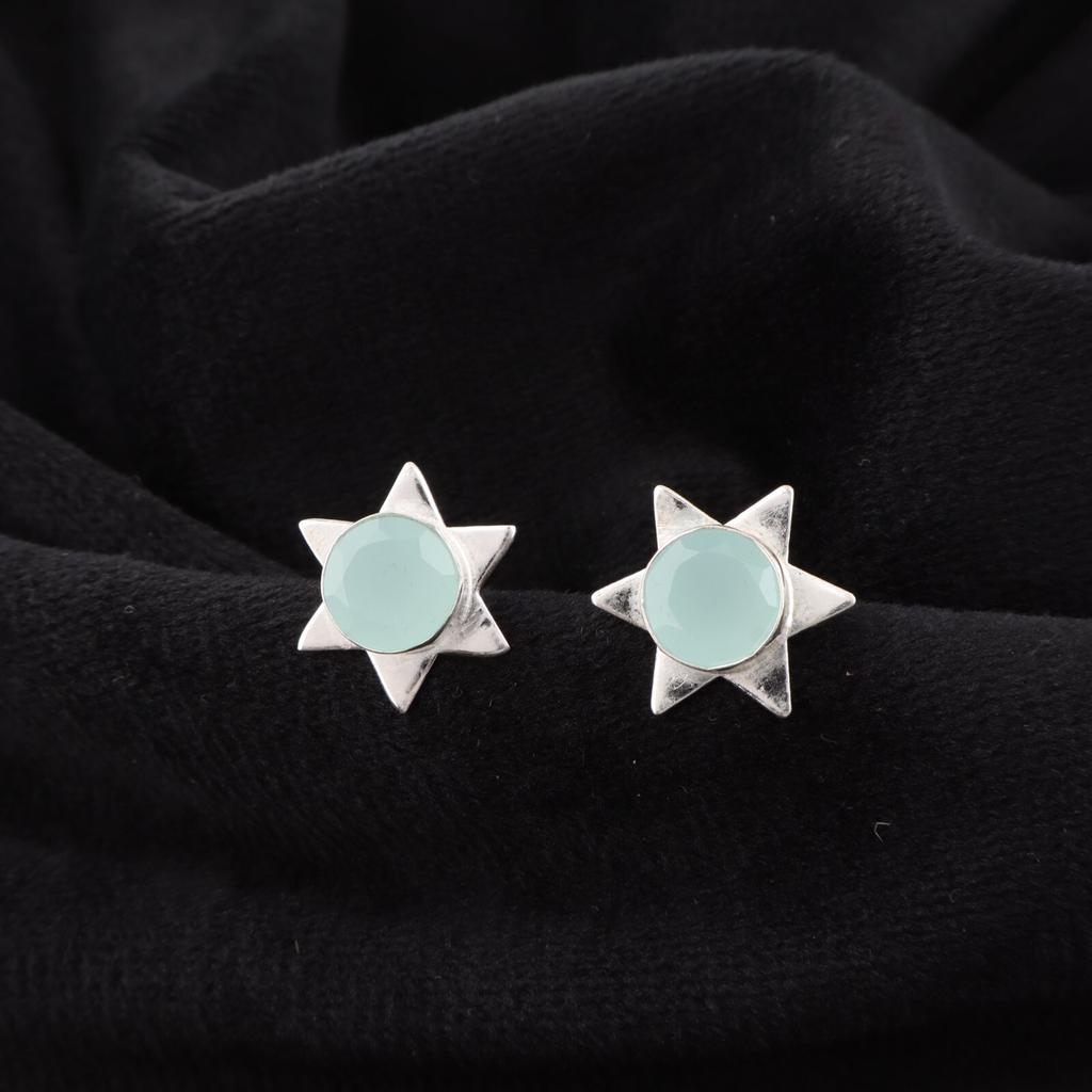 Aqua Chalcedony Gemstone 925 Sterling Silver Jewelry Handmade Stud Earring 0.44" EE-175-21