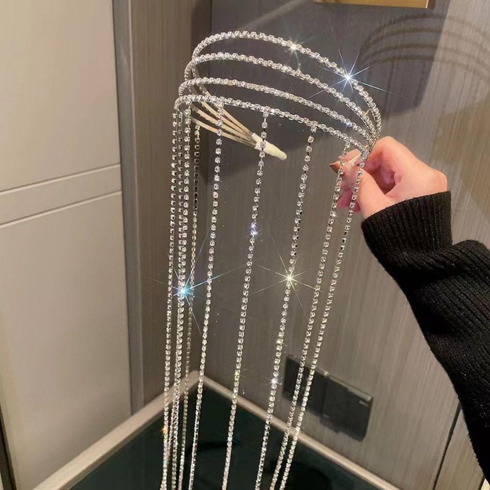 Reflection Rhinestones Tassel Headband Luxury Long Tassel  Hair Hoop Crystal Hair Chain  Events