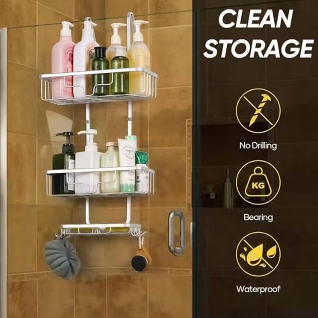 Wieszany Organizer Prysznicowy na Drzwi, 3-poziomowa Półka Wisząca do Prysznica Łazienkowa, Aluminiowy Stojak Prysznicowy z Haczykiem i Mydelniczką
