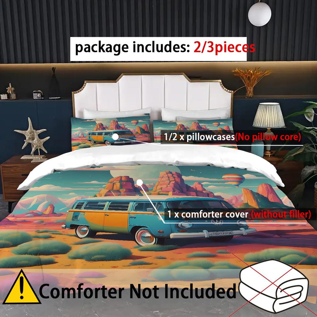 Wohnmobil Muster 3D Gedrucktes Bettbezug Set Cartoon Stil Bettwäsche Set Luxuriöse Heimtextilien Bequemer Bettdeckenbezug Kissenbezug