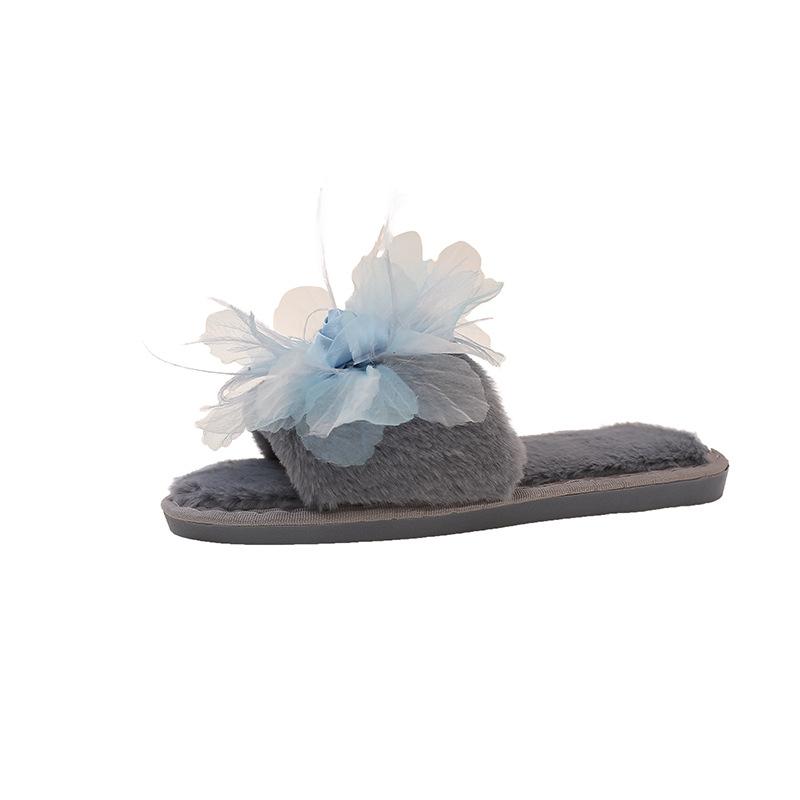 Fashion Sweet Classic Slippers Women Casual Flat Low Heels Sweet Basic Shoes Women Solid Fur Flower Slip On Winter Slides Plus Size