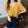 Chic Hollow Drawstring Knitted Sweater Women's Spring and Summer Small Sweet and Spicy Design Sense V-neck Lace-up Short Top