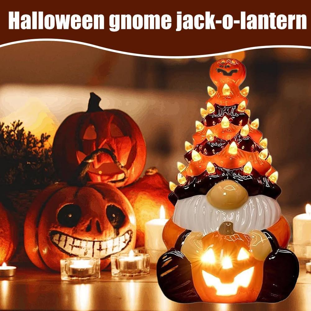 LED Glowing Halloween Gnome Statue Multi-Purpose Vintage Halloween Figurines Gnome Pumpkin Lantern Ornaments for Home Decor