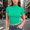 Dames T-shirt met korte mouwen, slank gesneden, met opstaande kraag, rekbaar, lichtgewicht, ademend, basic top voor dagelijks gebruik