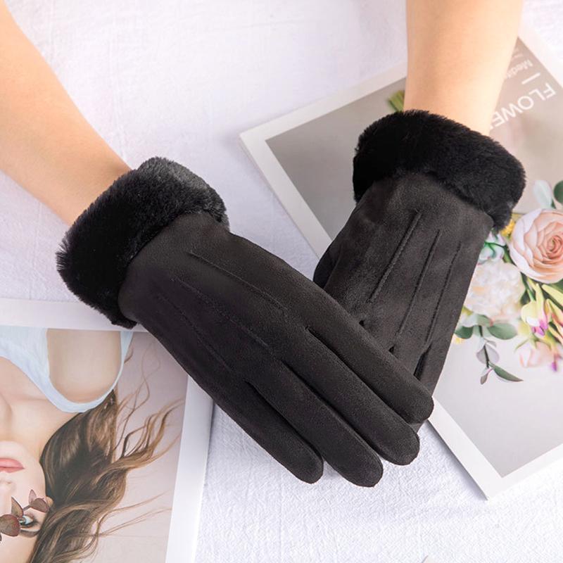 1Pair Touch Screen Winter Fleece Suede Soft Women Warm Gloves Ladies Fur Lined Thermal