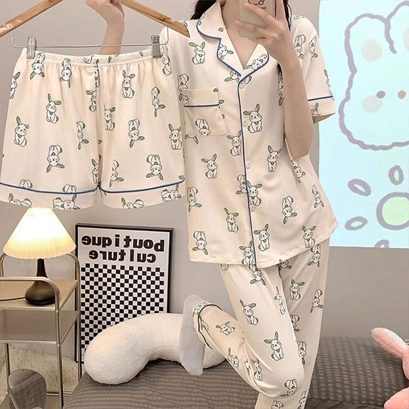 Women's Soft & Cute Rabbit Pajamas, Japanese Milk Tone, Cartoon Style, Girly Short-Sleeve 3-Piece Set