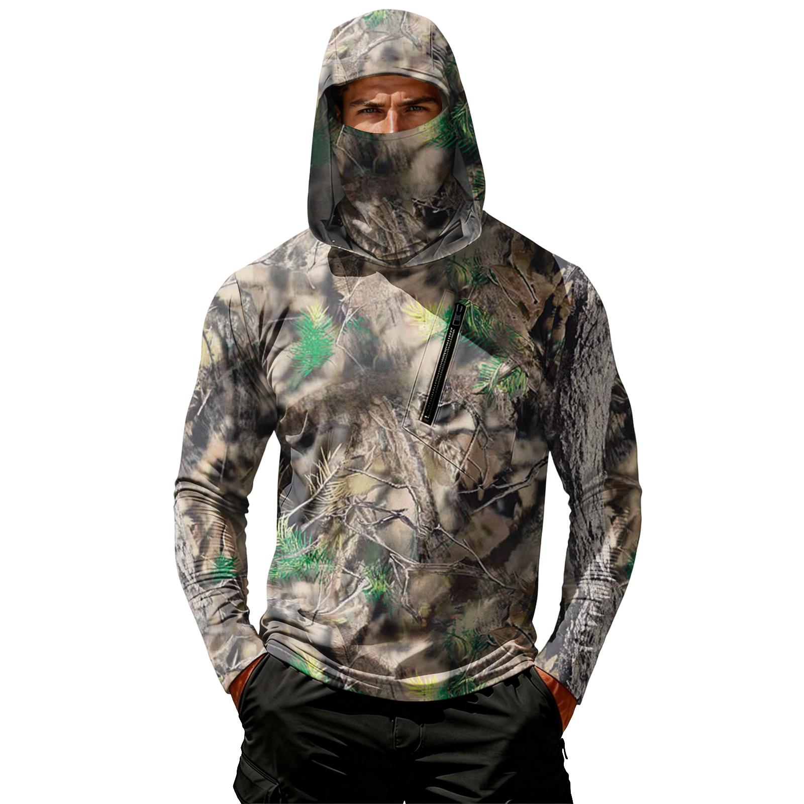 

Men s Casual Leaf Camouflage Print Hooded Long Sleeve Sun Protection Shirt Lightweight Breathable Outdoor Activewear Top for Hiking Fishing L коричневый