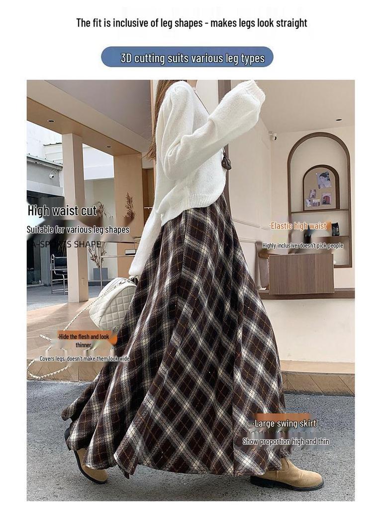 Thickened Warm Wool Retro Plaid Umbrella Skirt - 2025 Autumn/Winter Collection