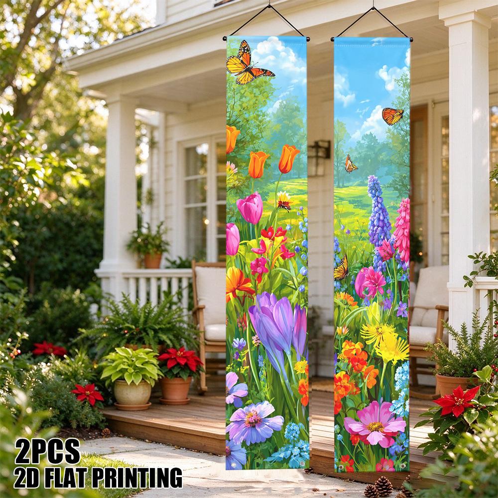 2D Flat, 2pcs Spring Meadow Flower Banner with Merry Christmas Couplets - Suitable for Indoor/Outdoor Decoration, & Patterns for New Year, Christmas P