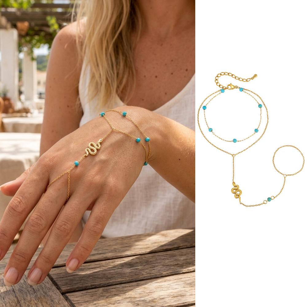 Bracciale Schiavo con Perline Bohémien, Acciaio Inossidabile Placcato Oro 18K, Catena da Mano Impermeabile Anello da Dito Bracciale Gioielli per Donne