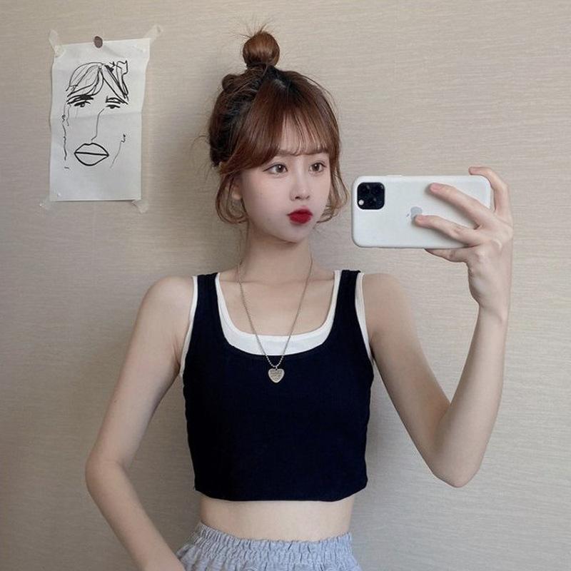 

Женский ложный двухсекционный летний повседневный топ без рукавов с U-образным воротником и подкладкой на груди, укороченный топ с обнаженной талией