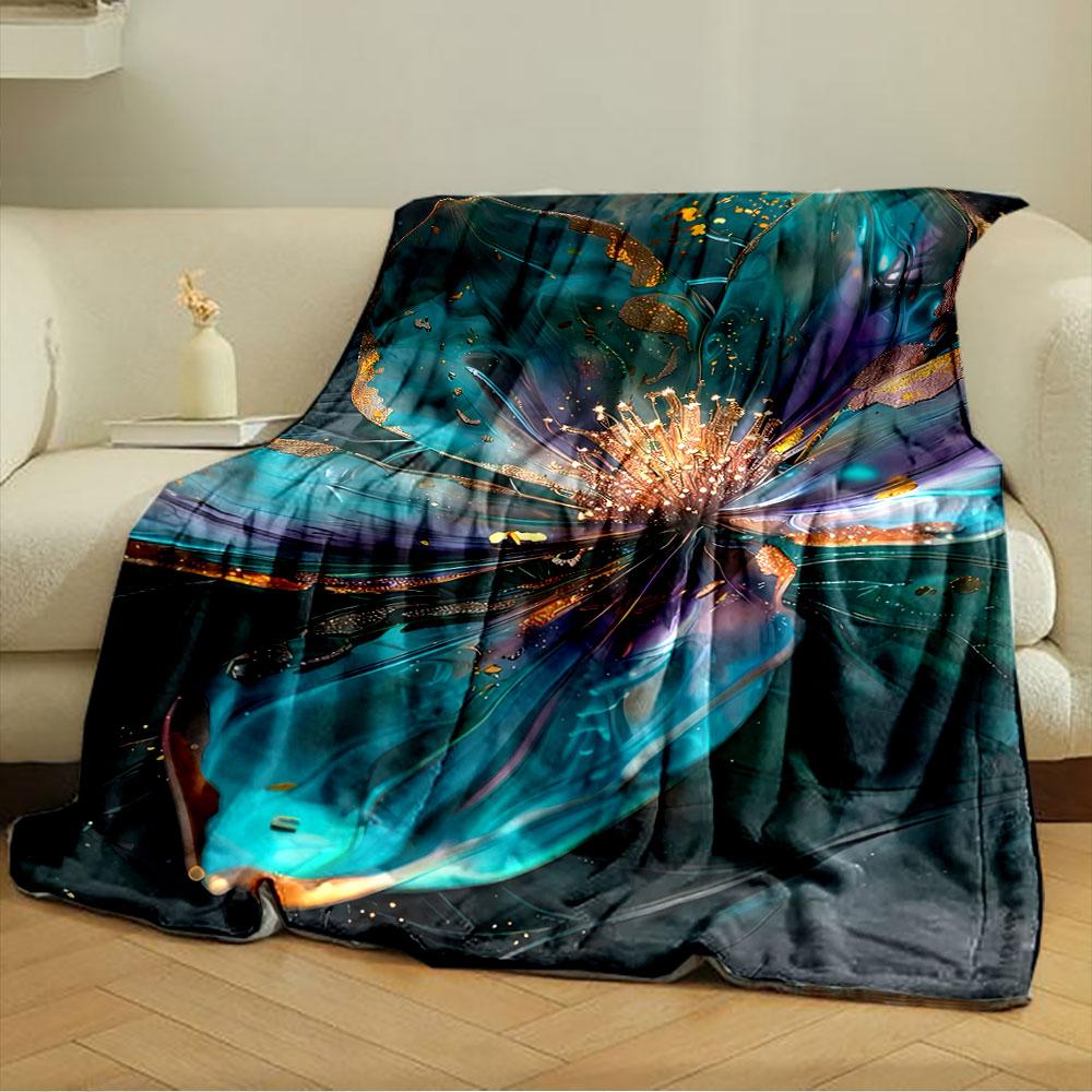 Glowing abstract flower with metallic teal petals and golden accents. for all seasons blanket lunch break throw gift
