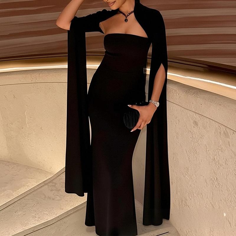 2026 European and American Women's Clothing, New Summer Models, Fashionable and Elegant Banquet Dresses, Solid-color Slim-fit Hip-wrapped Dresses.