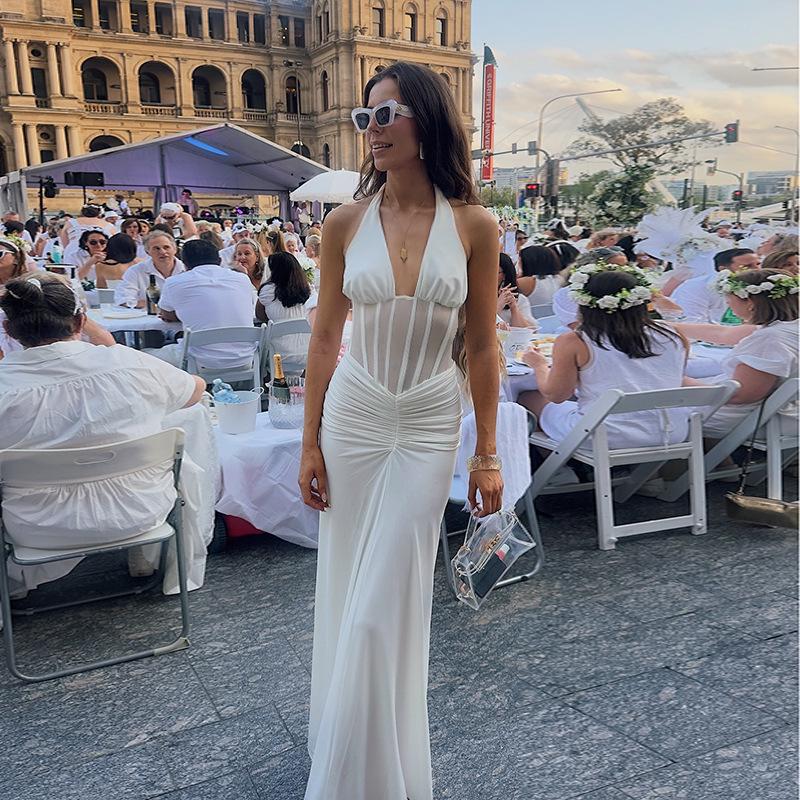 European Style 2026 Elegant Sexy Halter Pleated Hollow Backless Evening Gown Skirt