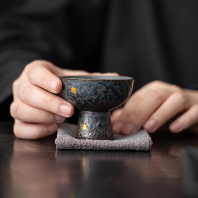 Peacock Blue High Footed Tea Cup, Personal Cup, Retro Bronze Color, Small Capacity Household Kung Fu Tea Set, Tea Cup