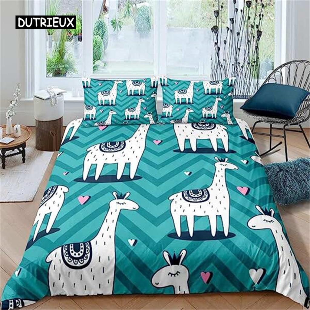 Cartoon Alpaca Duvet Cover Cute Bedding Collection Cartoon Llama Comforter Cover For Boys Girls Teens Animal Theme Bedroom Decor Green