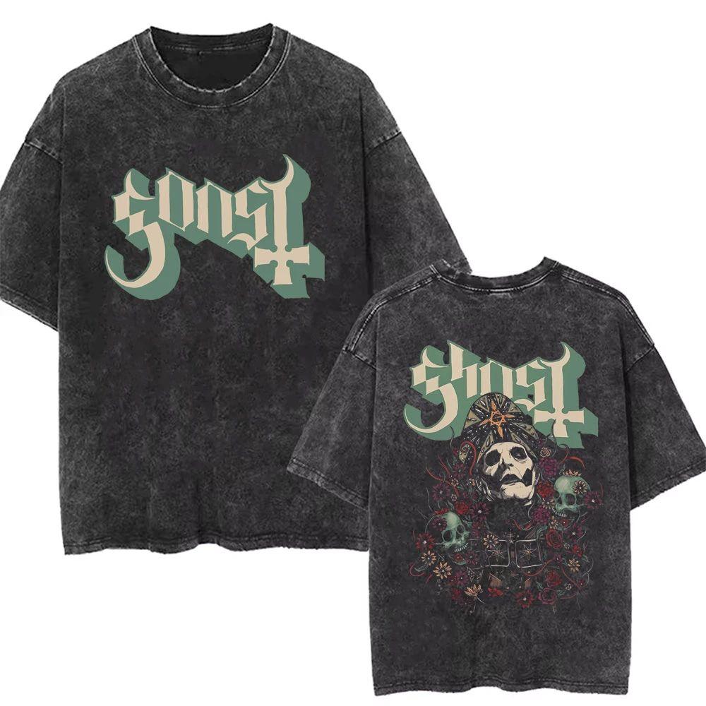 Washed Vintage Ghost Band T-shirt Men's Women's Summer Oversized Tshirt Male 90s Gothic Streetwear Men Women Rock Metal Music T Shirts