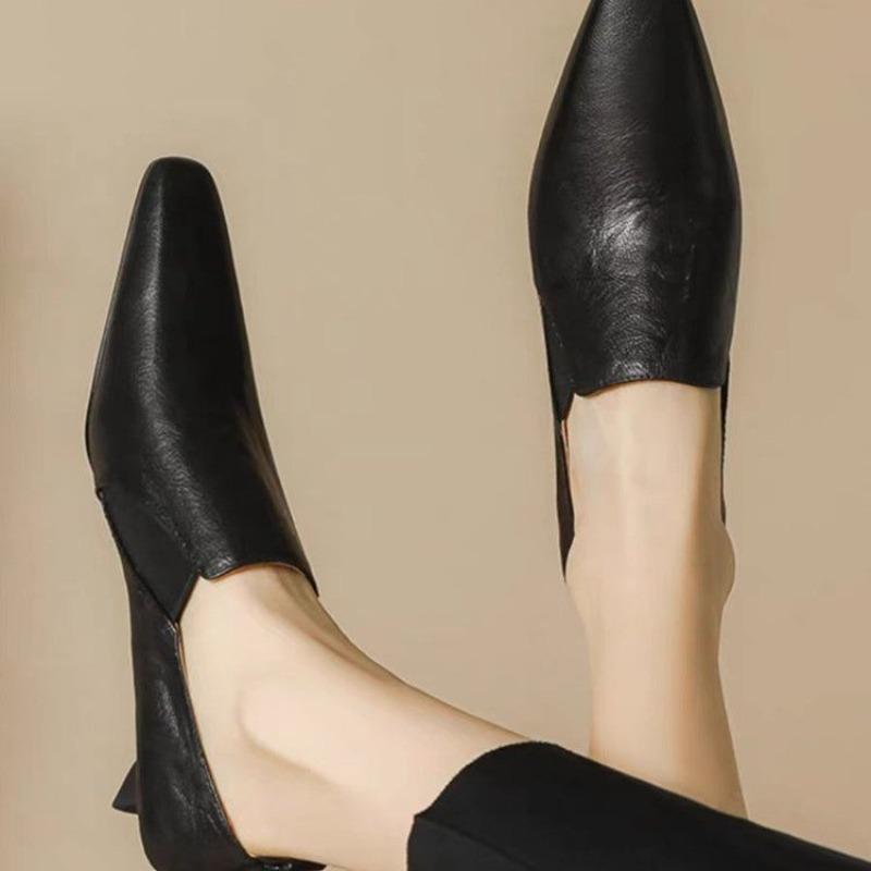 

French Style Temperament Low-heeled Shoes Women s New Leather Pointed High Heel Pumps Retro Chunky Office Daily Footwears 43 чорний