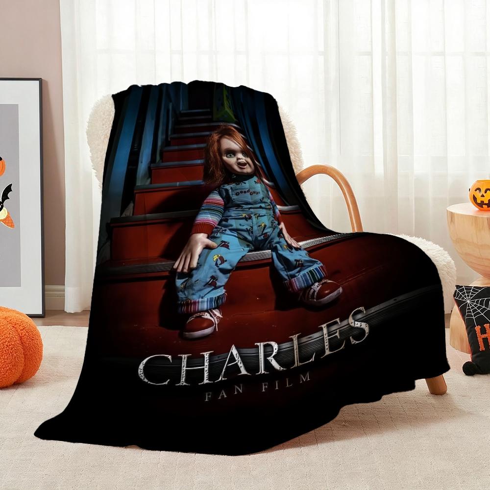 Good Guys Classic Horror Doll Pattern Theme Flannel Blanket Warm Comfortable Fleece Blanket For Office Sofa Party Decor Halloween Gift